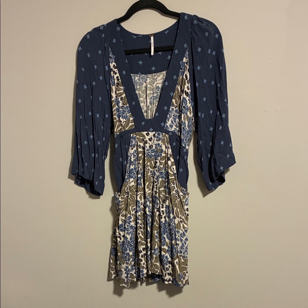 Free People Navy and Cream Floral Long Sleeve Dress